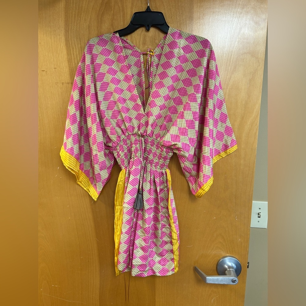 Pink & Yellow Check Tie-Waist Swim Coverup Tunic